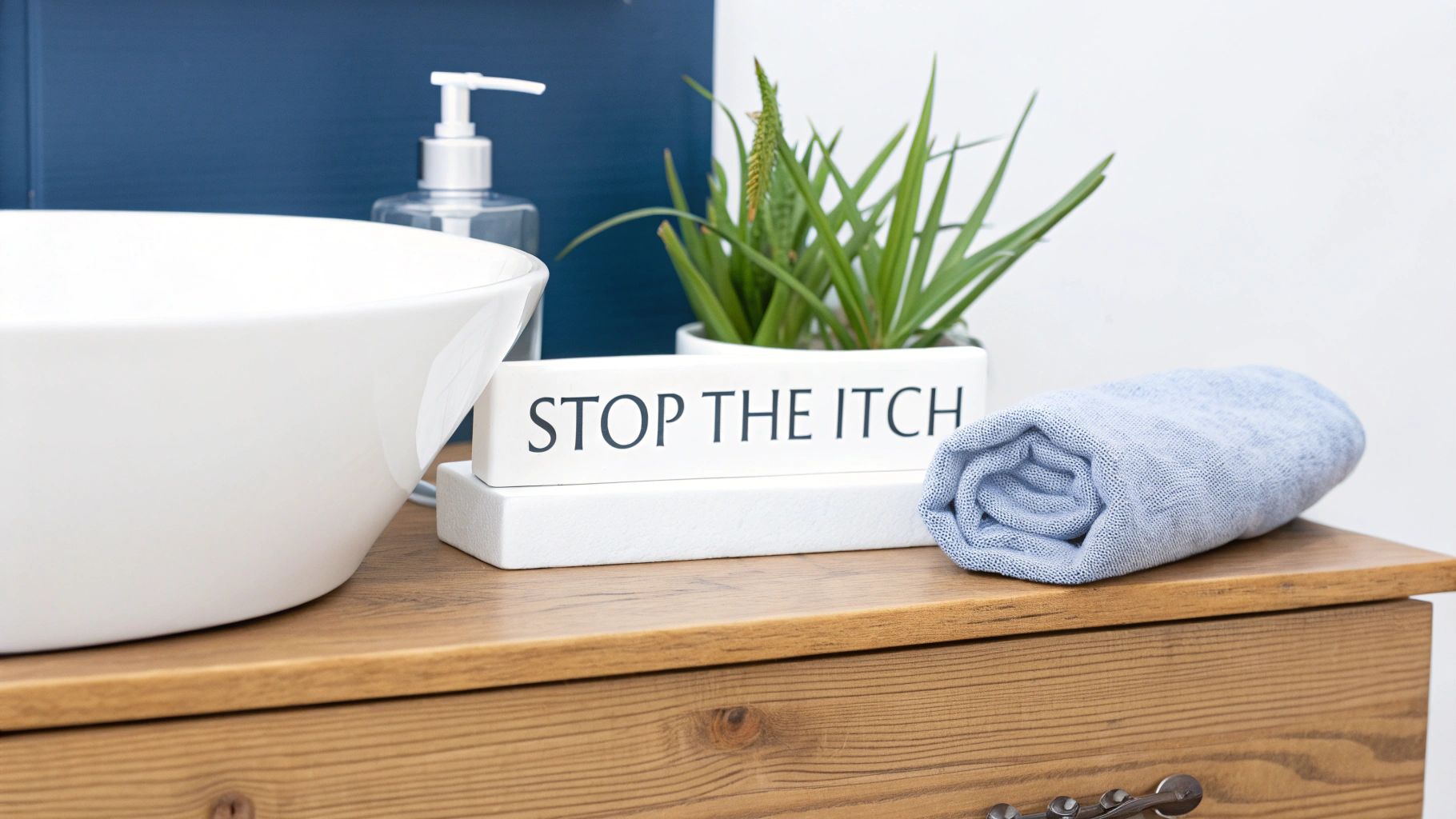 A bathroom counter featuring a white sign that reads 'STOP THE ITCH', a plant, soap, and a blue towel.