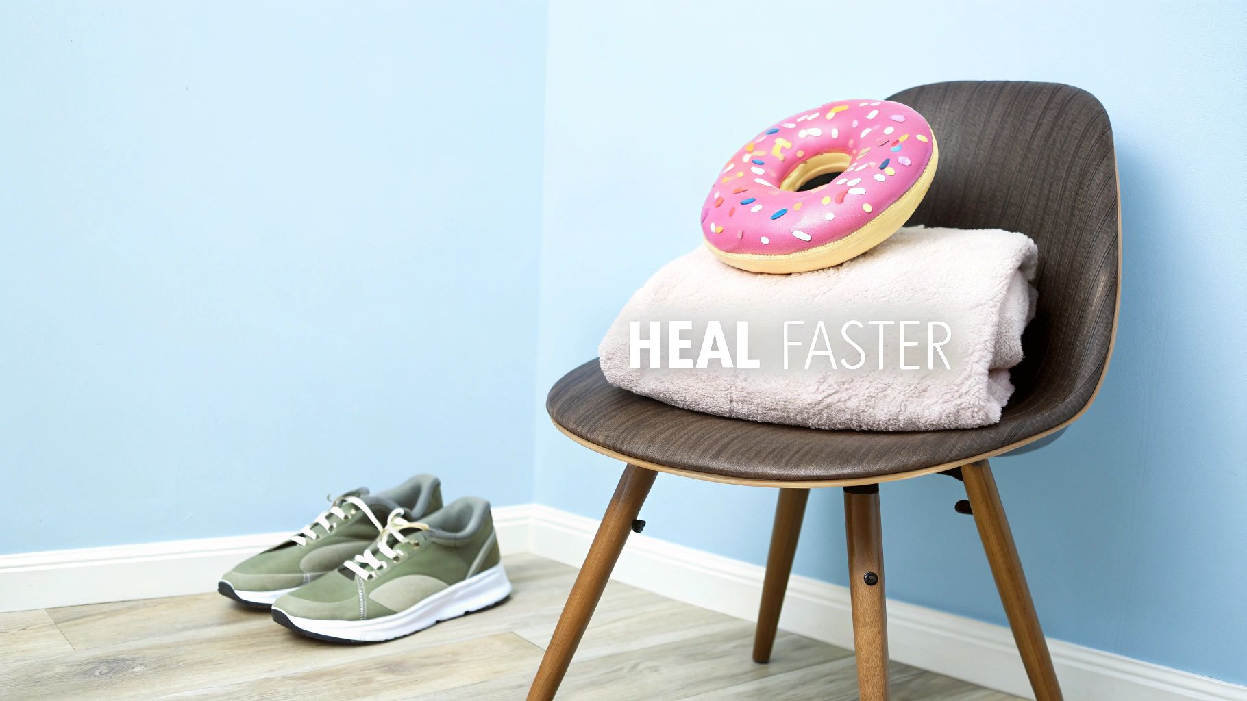 A donut-shaped pillow and a folded towel on a chair, with green sneakers on the floor, signifying comfort and recovery.