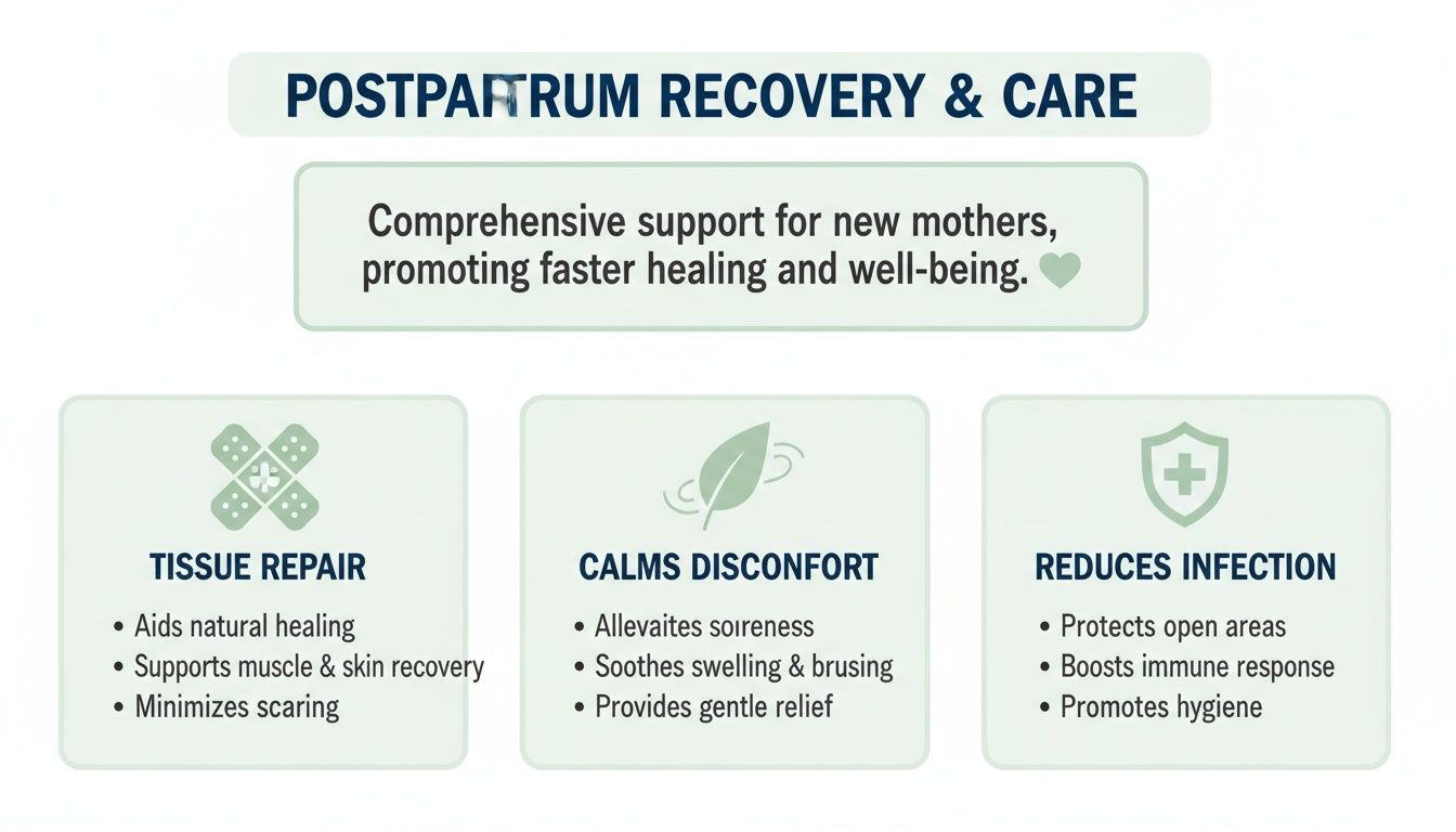 Infographic detailing postpartum recovery and care benefits: tissue repair, discomfort relief, and infection reduction.