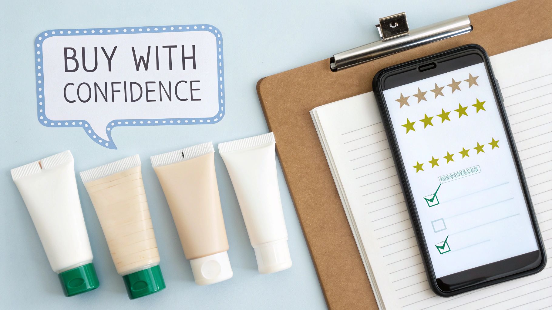 A smartphone displaying positive customer reviews and star ratings next to cosmetic tubes, with a 'Buy with Confidence' bubble.
