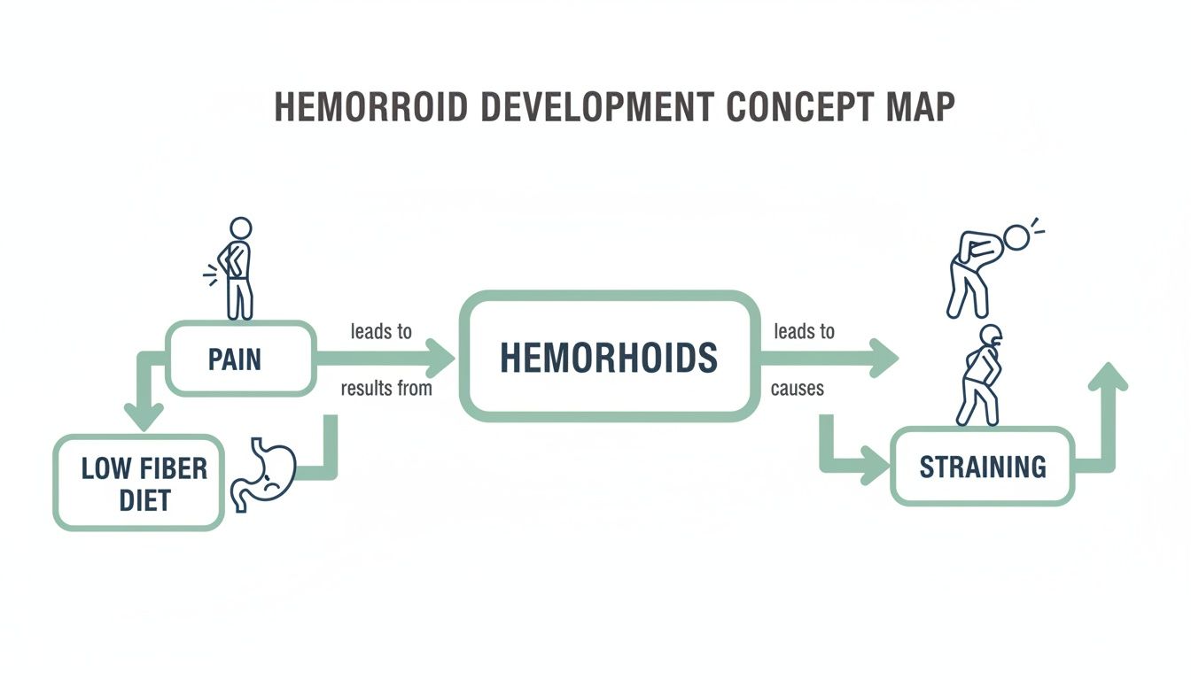 Hemorrhoid development concept map showing the relationship between diet, pain, hemorrhoids, and straining.