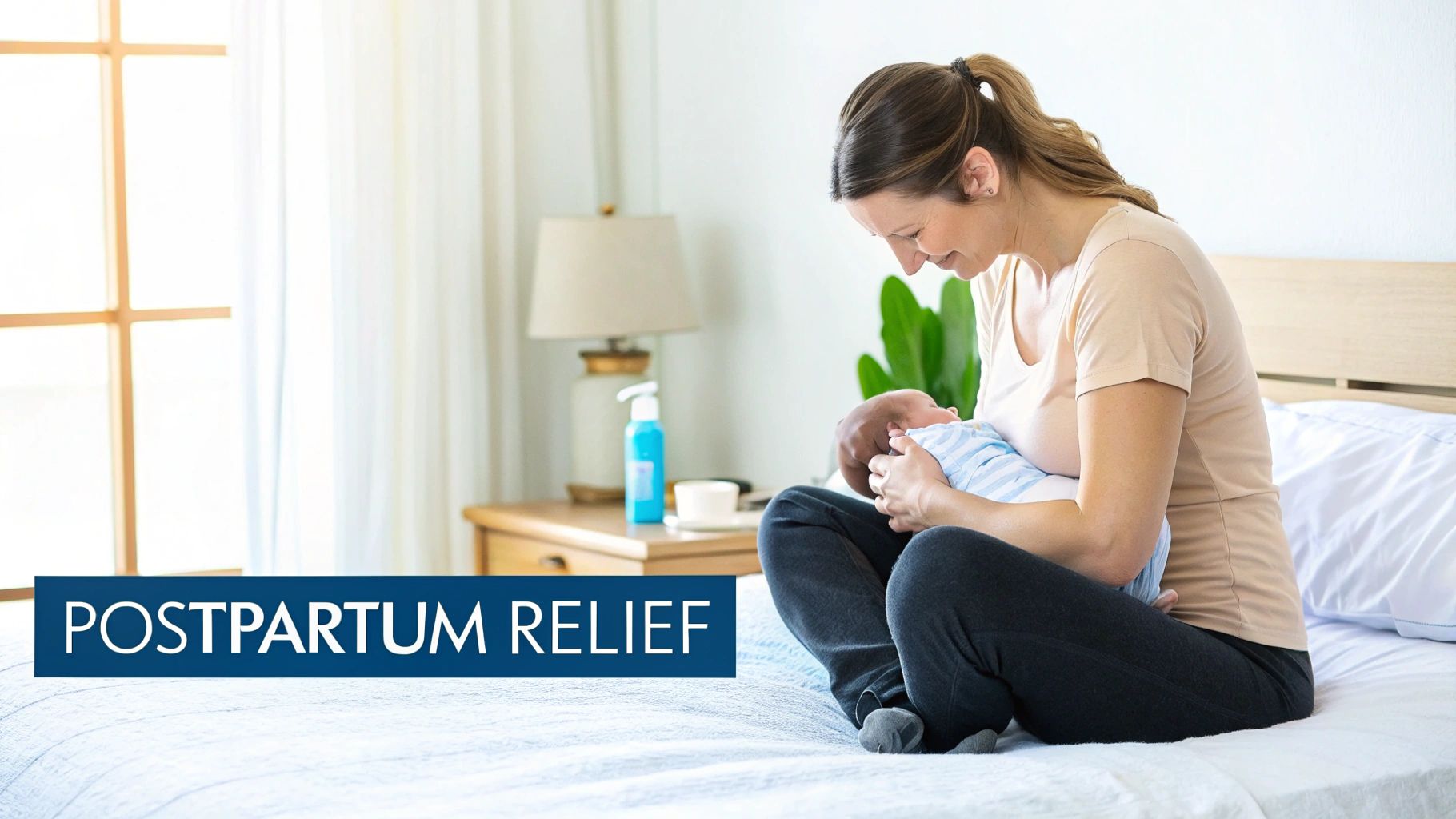 A happy mother gently holds her newborn baby on a bed, illustrating postpartum care.