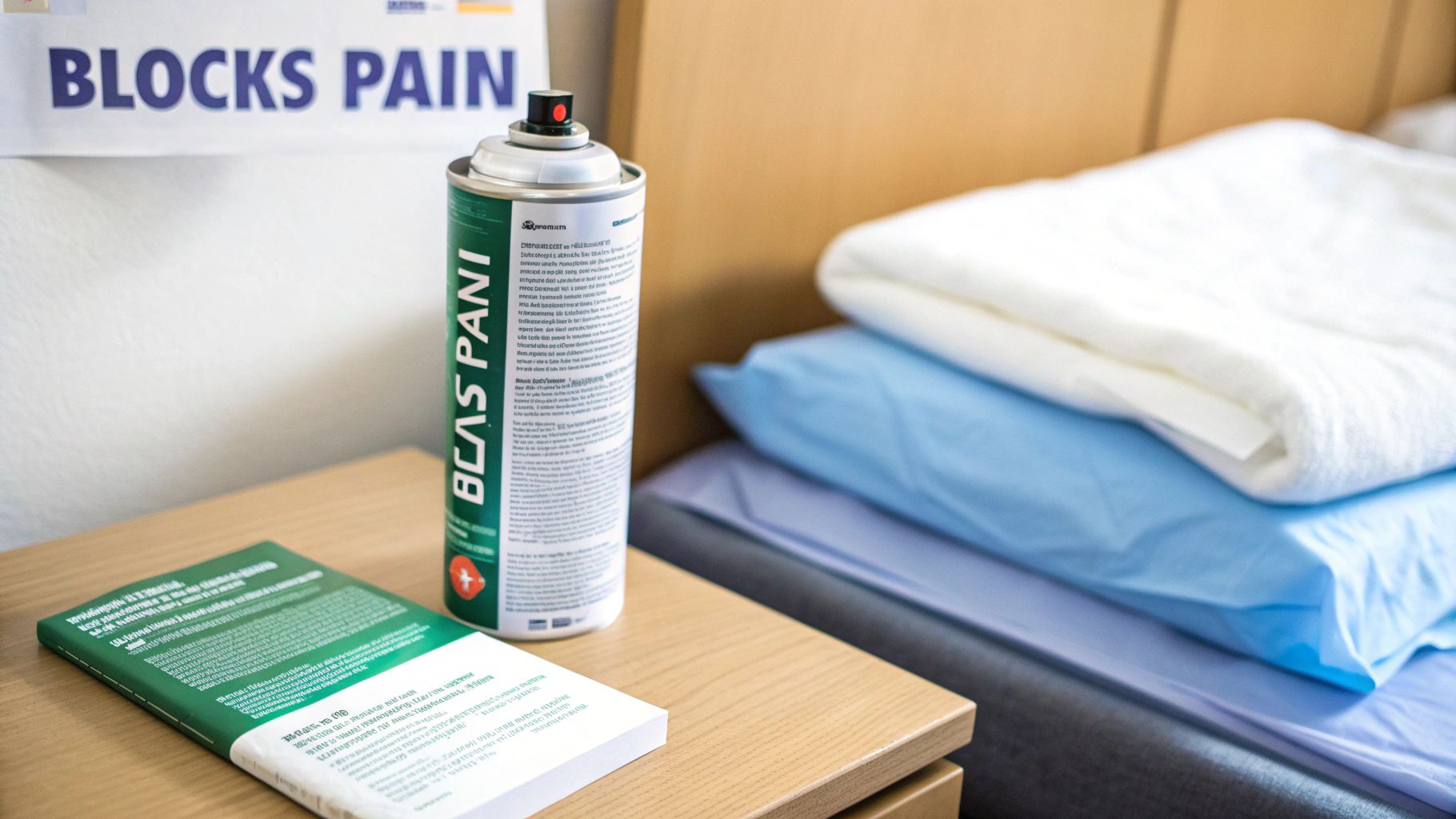 A numbing spray can, booklet, and a 'BLOCKS PAIN' banner on a nightstand next to a bed.