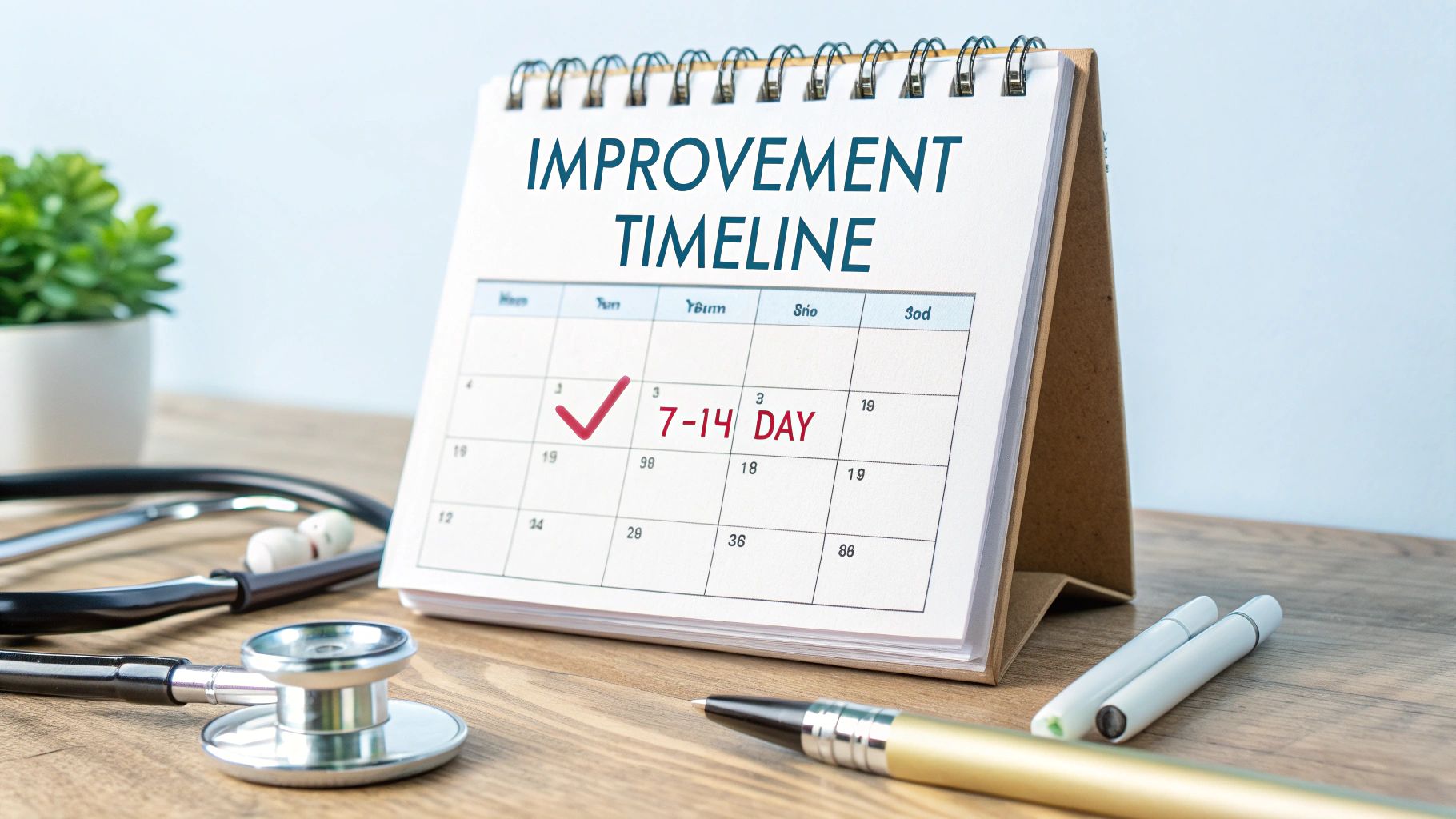 A calendar showing an 'Improvement Timeline' with '7-14 DAY' marked, beside a stethoscope and pens.