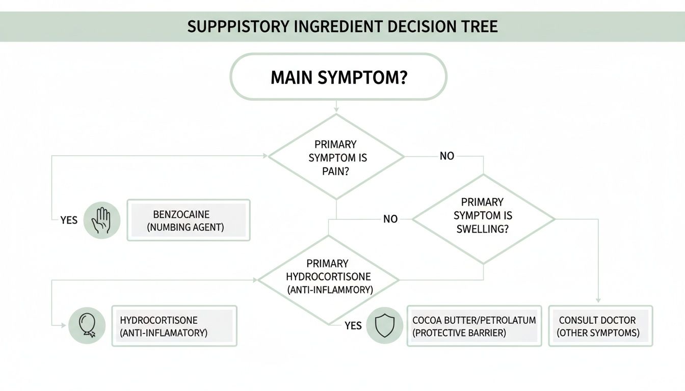 A suppository ingredient decision tree flowchart guiding choices based on primary symptoms like pain or swelling.