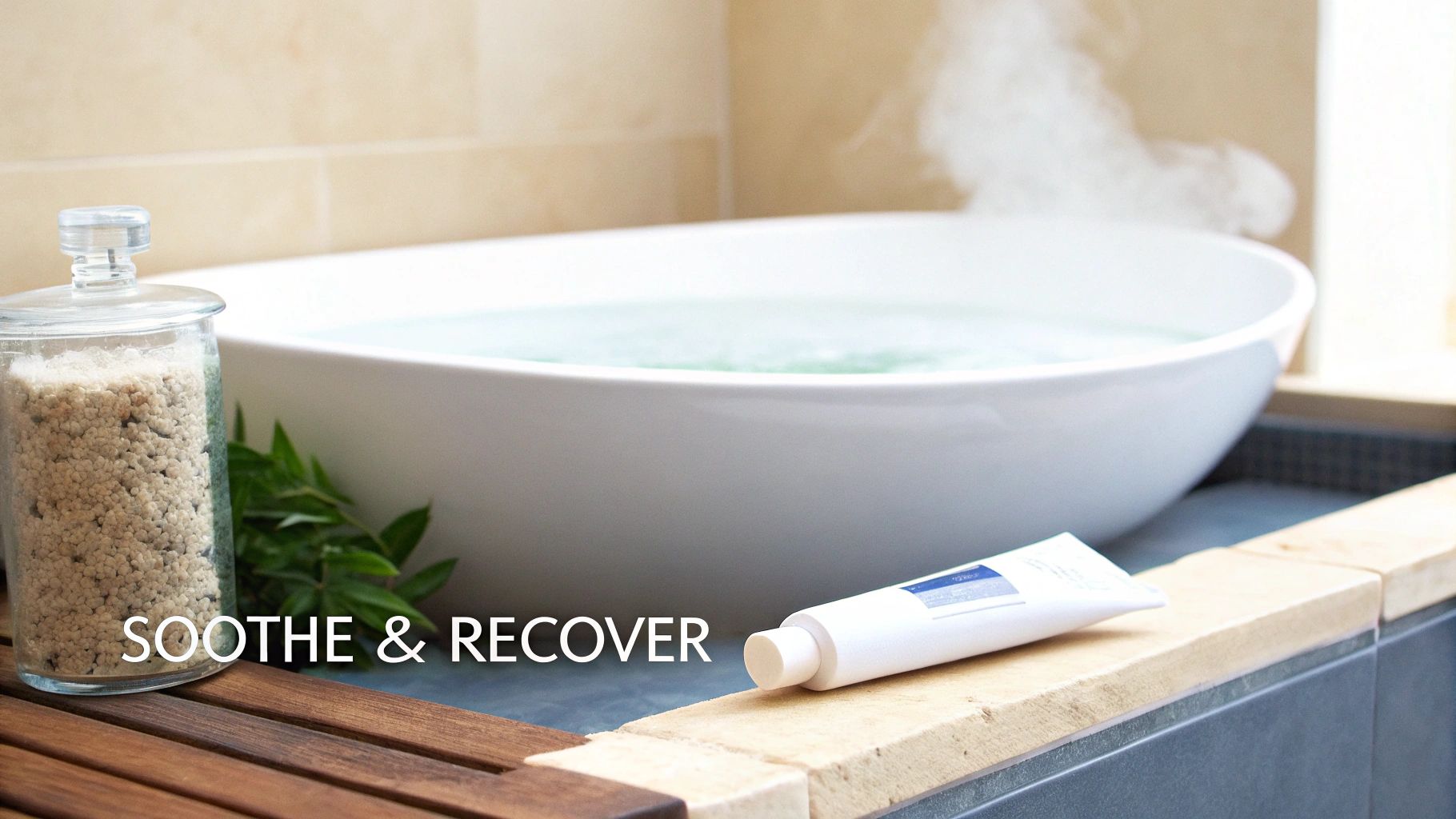 A tranquil bathroom scene with a steaming tub, bath salts, green leaves, and body cream for relaxation.