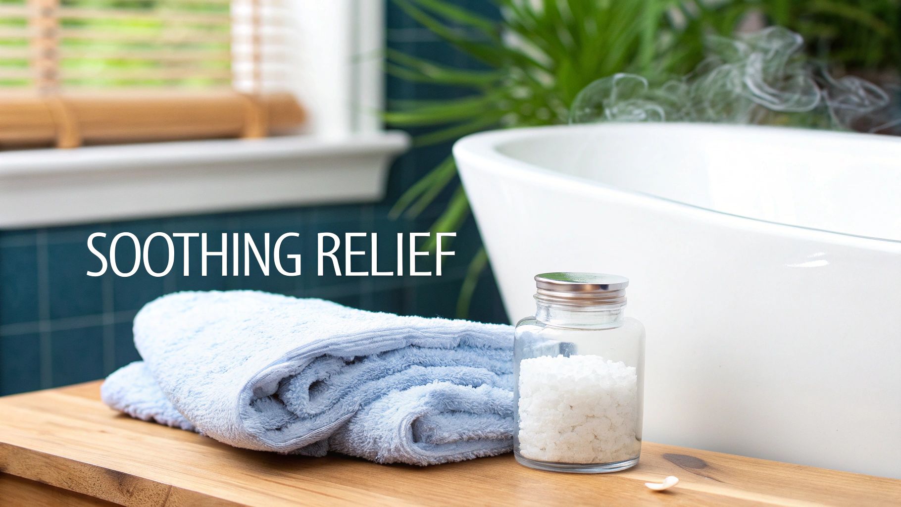 A tranquil bathroom scene with a steaming white tub, bath salts, and a blue towel, promoting relaxation and relief.