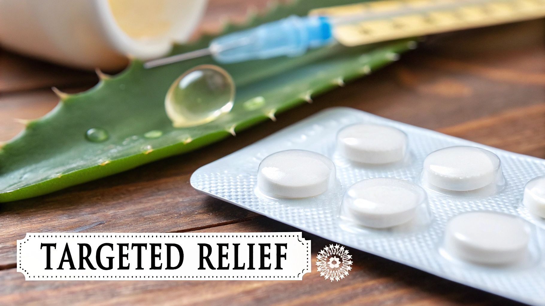 Natural aloe vera and pharmaceutical pills with a syringe for targeted relief on a wooden surface.
