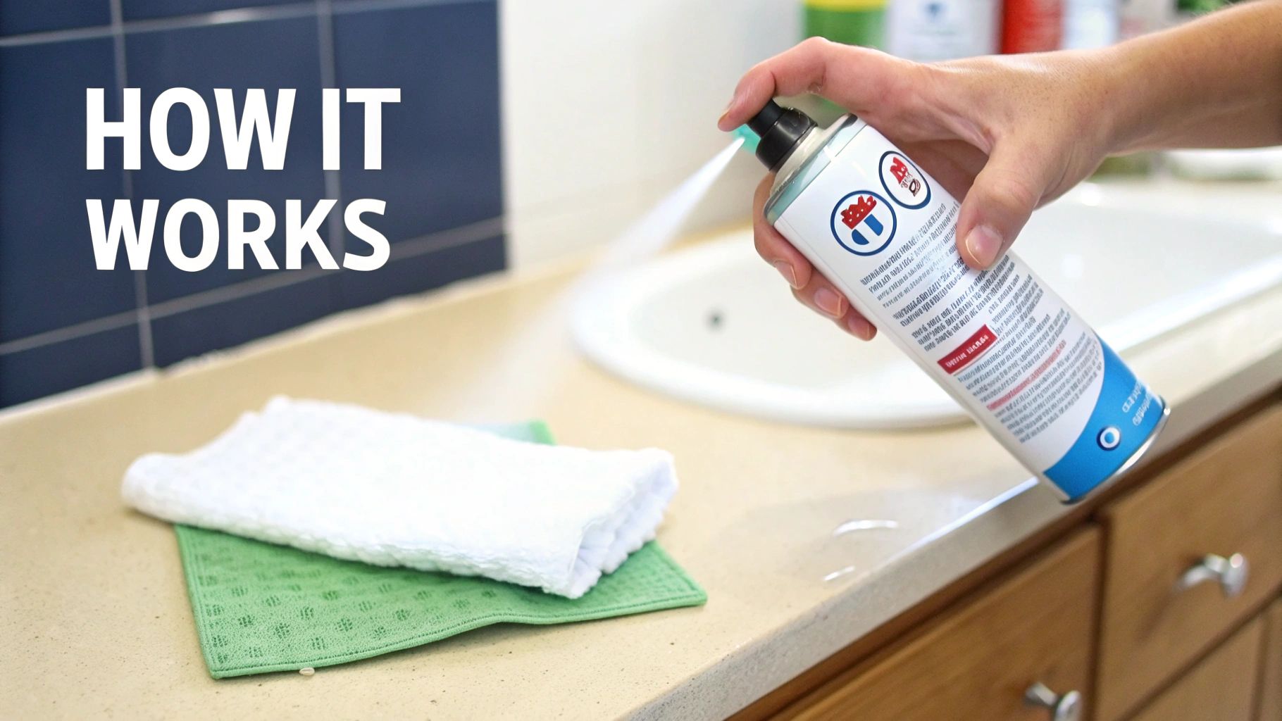 A hand sprays a cleaning product onto a bathroom countertop with a sink and cloths.