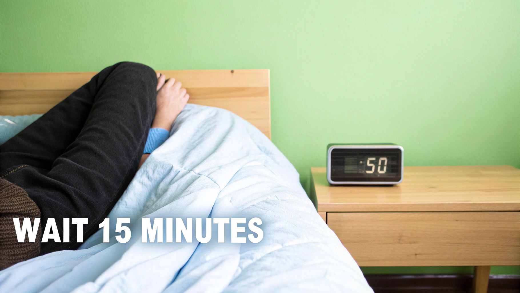 A person in bed with a light blue blanket, next to a nightstand with an alarm clock displaying ':50'. Overlaid text says 'WAIT 15 MINUTES'.
