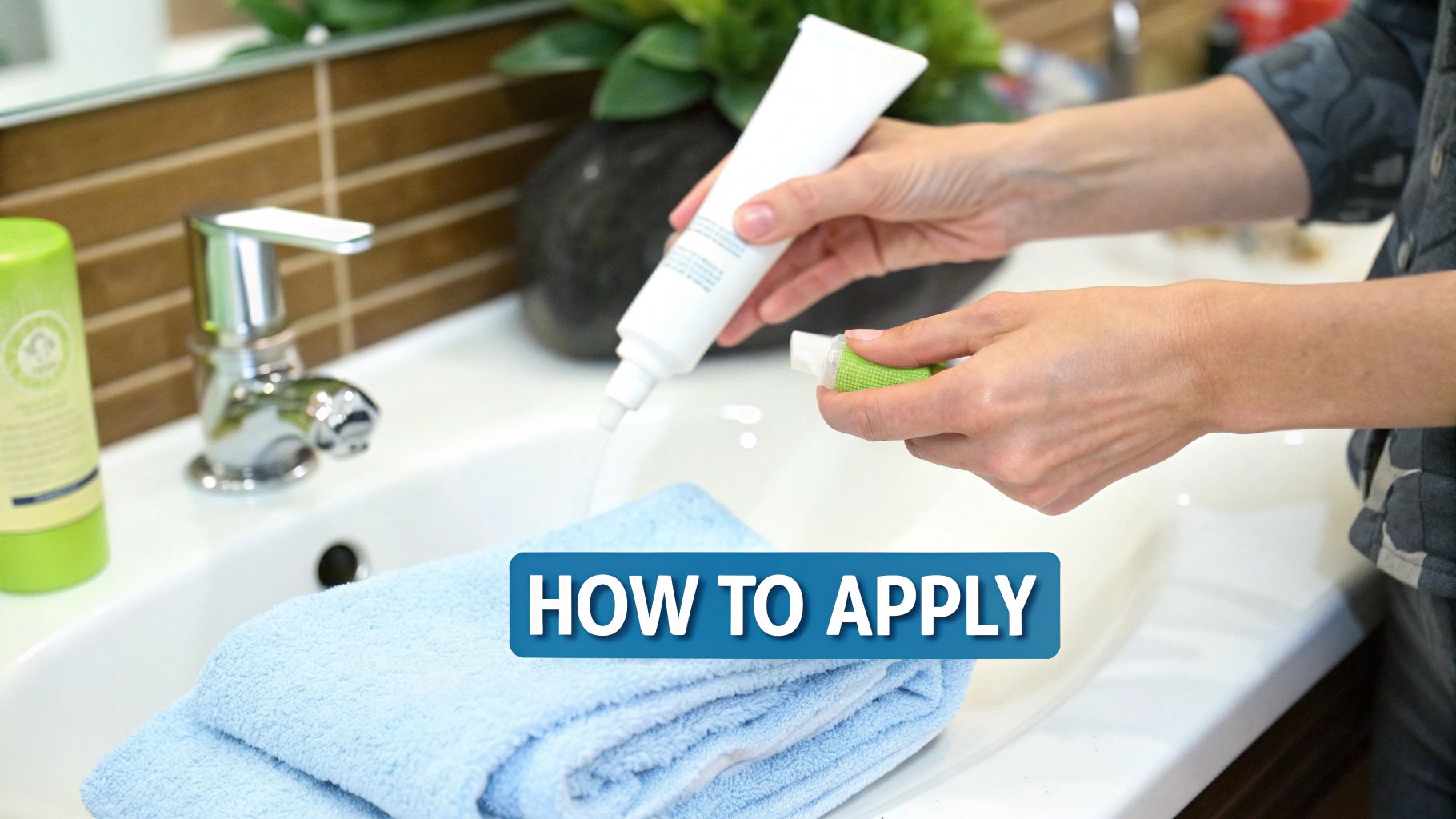 A person's hands demonstrating how to apply cream from two tubes over a bathroom sink.