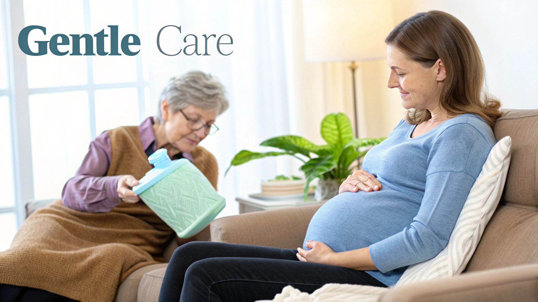 A pregnant woman smiles, touching her belly, while an older woman prepares a hot water bottle for gentle care.