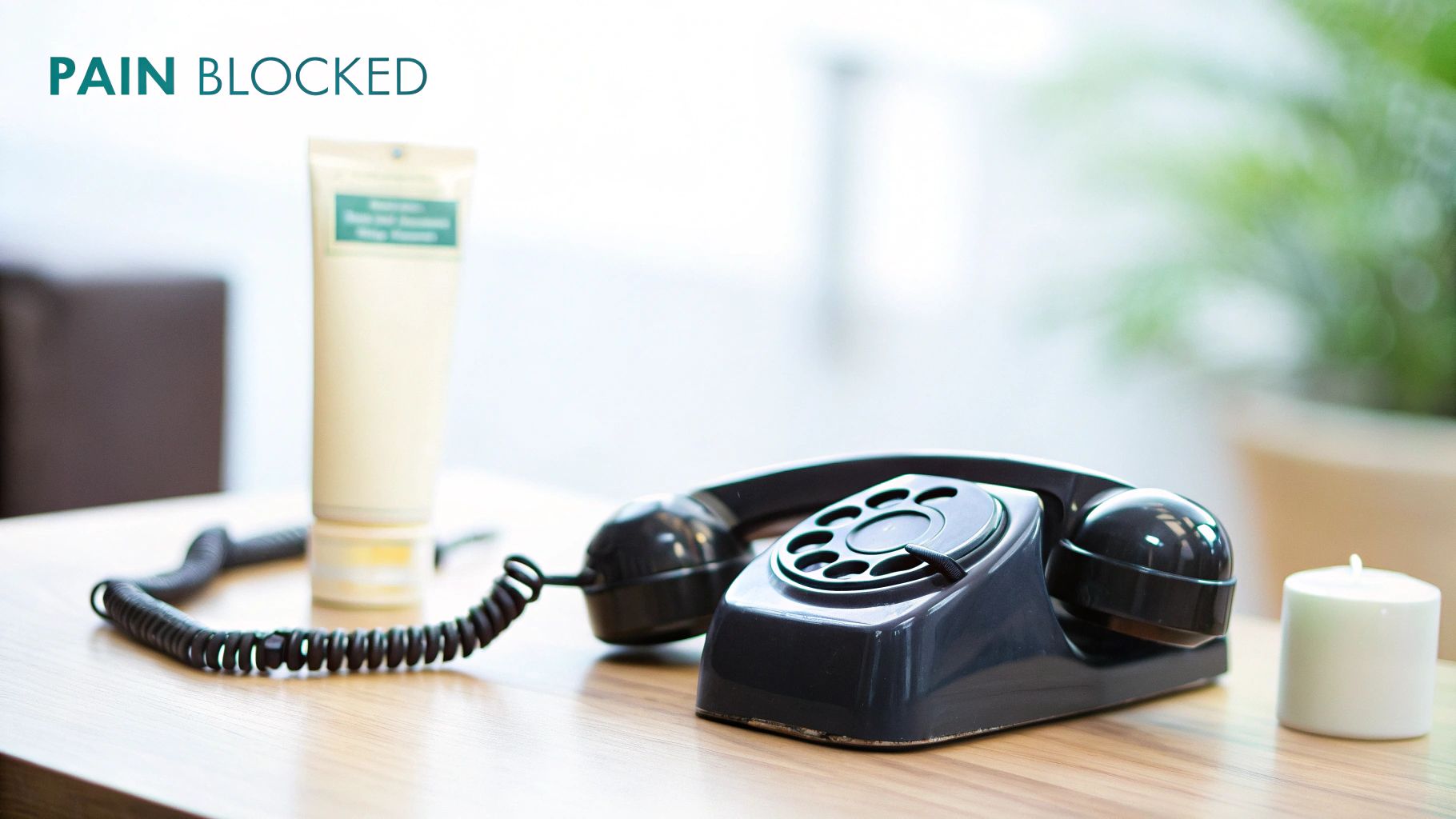 A cream tube labeled 'PAIN BLOCKED' next to an old rotary phone off the hook.
