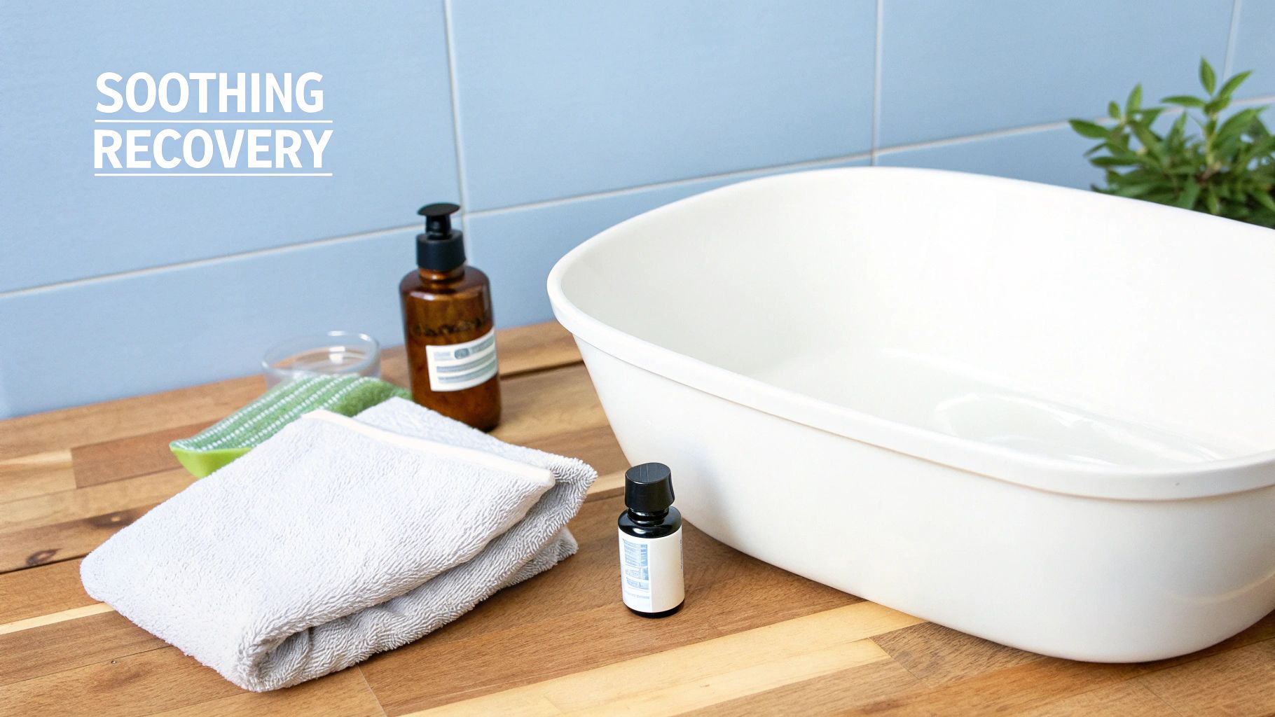A white basin, folded white towel, and bath products on a wooden counter, for soothing recovery.