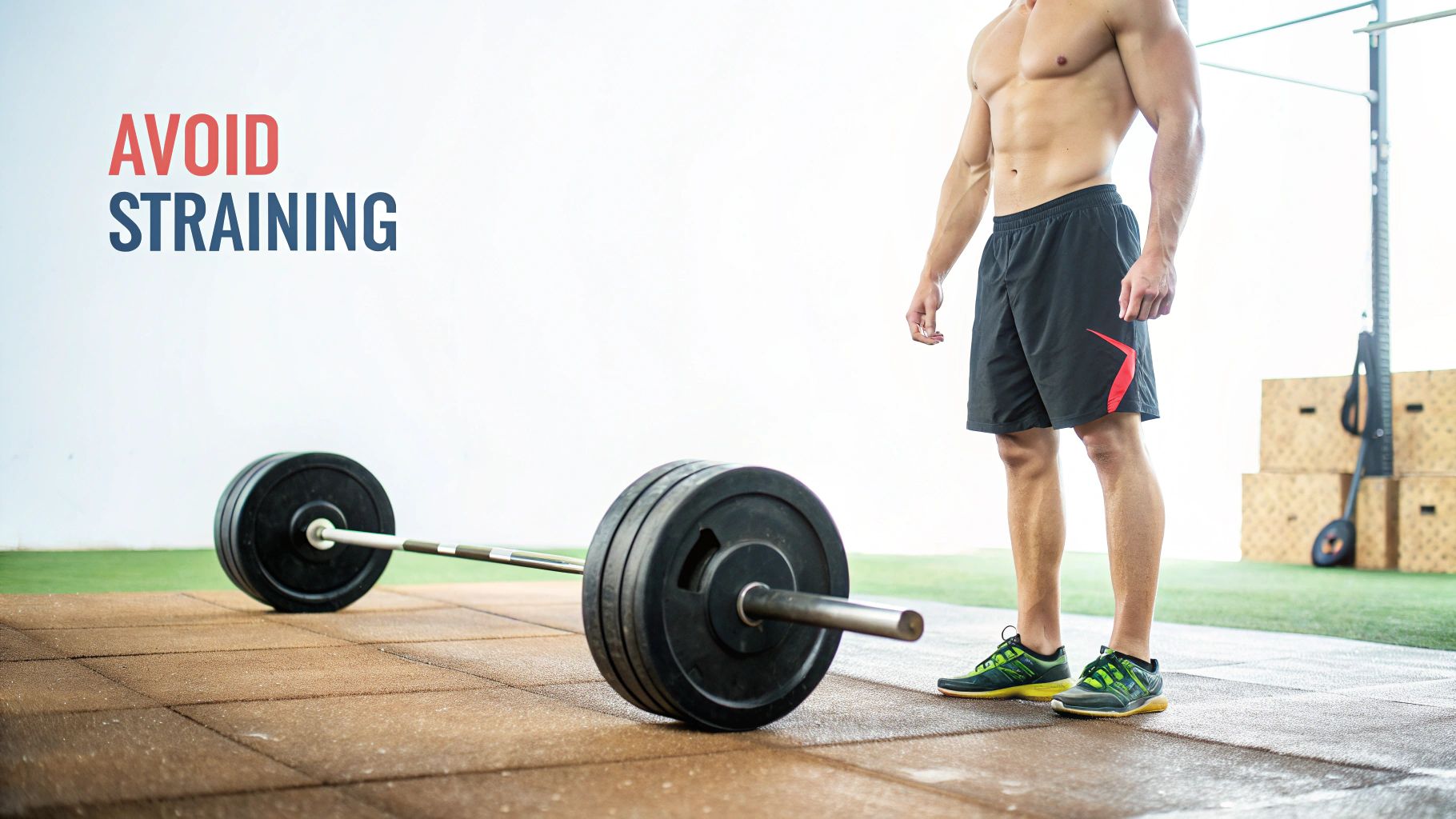 A muscular man stands beside a barbell in a gym with the text 'AVOID STRAINING'.