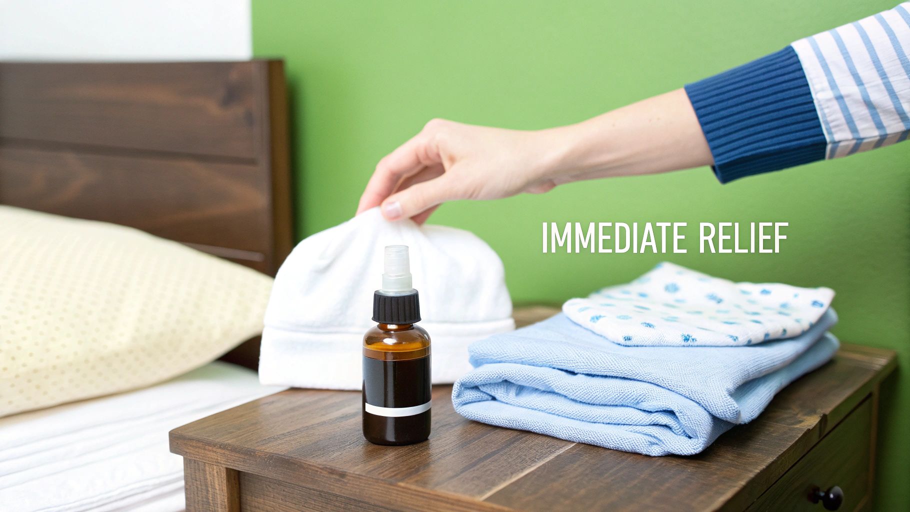 A person's hand reaches for a white cloth next to a spray bottle and folded fabrics on a bedside table, suggesting care items.