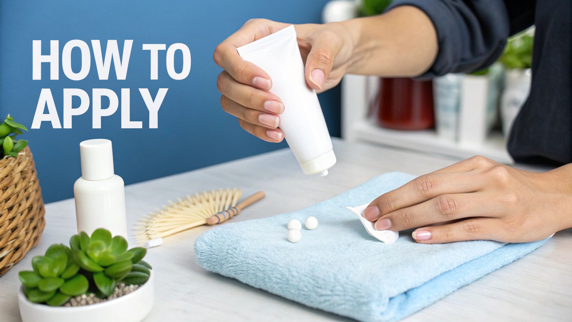 Hands applying a white cream from a tube onto a soft blue towel, illustrating how to apply.
