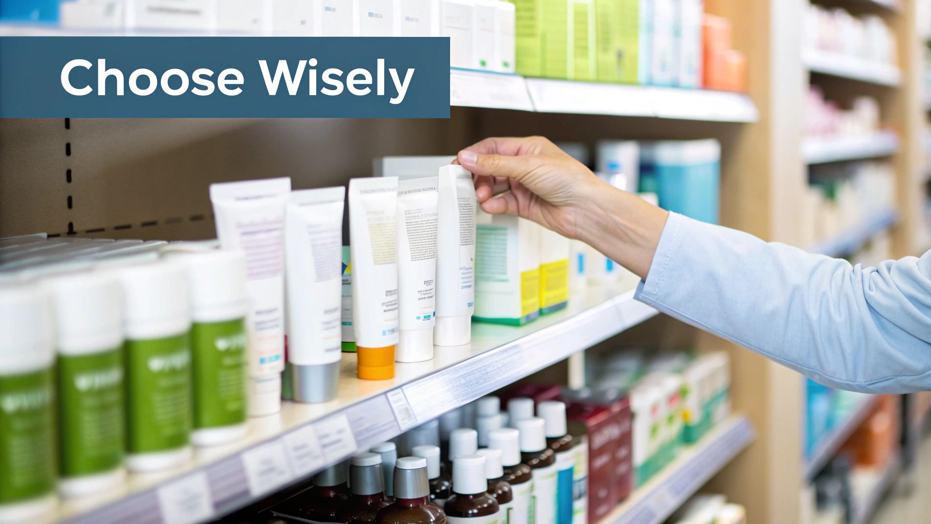 A hand selects a product from a pharmacy shelf, with the overlay text 'Choose Wisely'.
