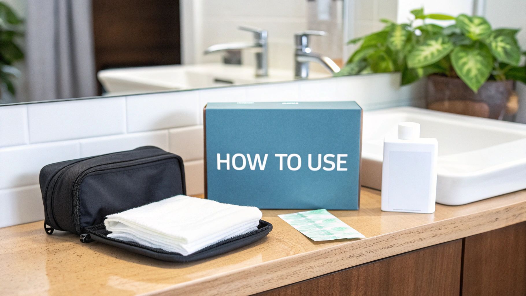 A bathroom counter displays a product kit with a black bag, white cloths, 'HOW TO USE' box, and bottle.