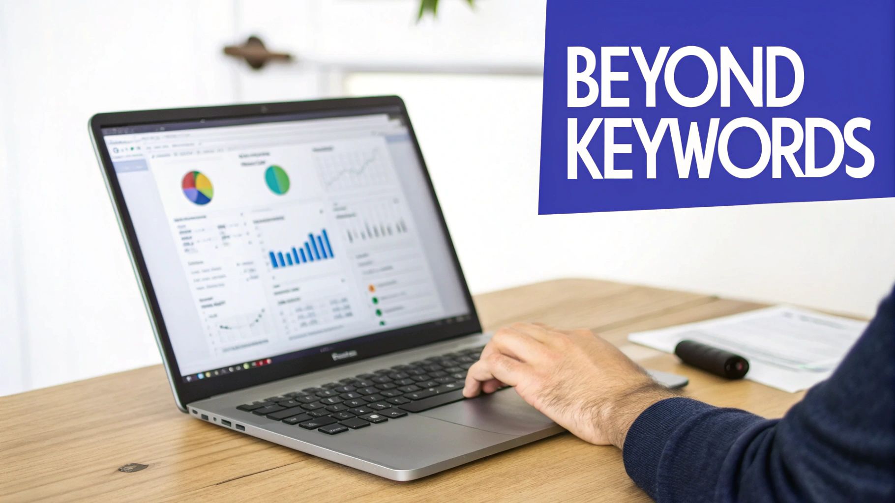 Amazon SEO Tools: 10 Platforms Driving Profit for 7–8 Figure Brands 16 A person's hands are on a laptop displaying data analytics, next to a "Beyond Keywords" banner.