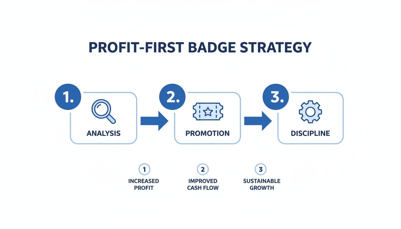 Flowchart outlines a Profit-First Badge Strategy through analysis, promotion, and discipline for business growth.