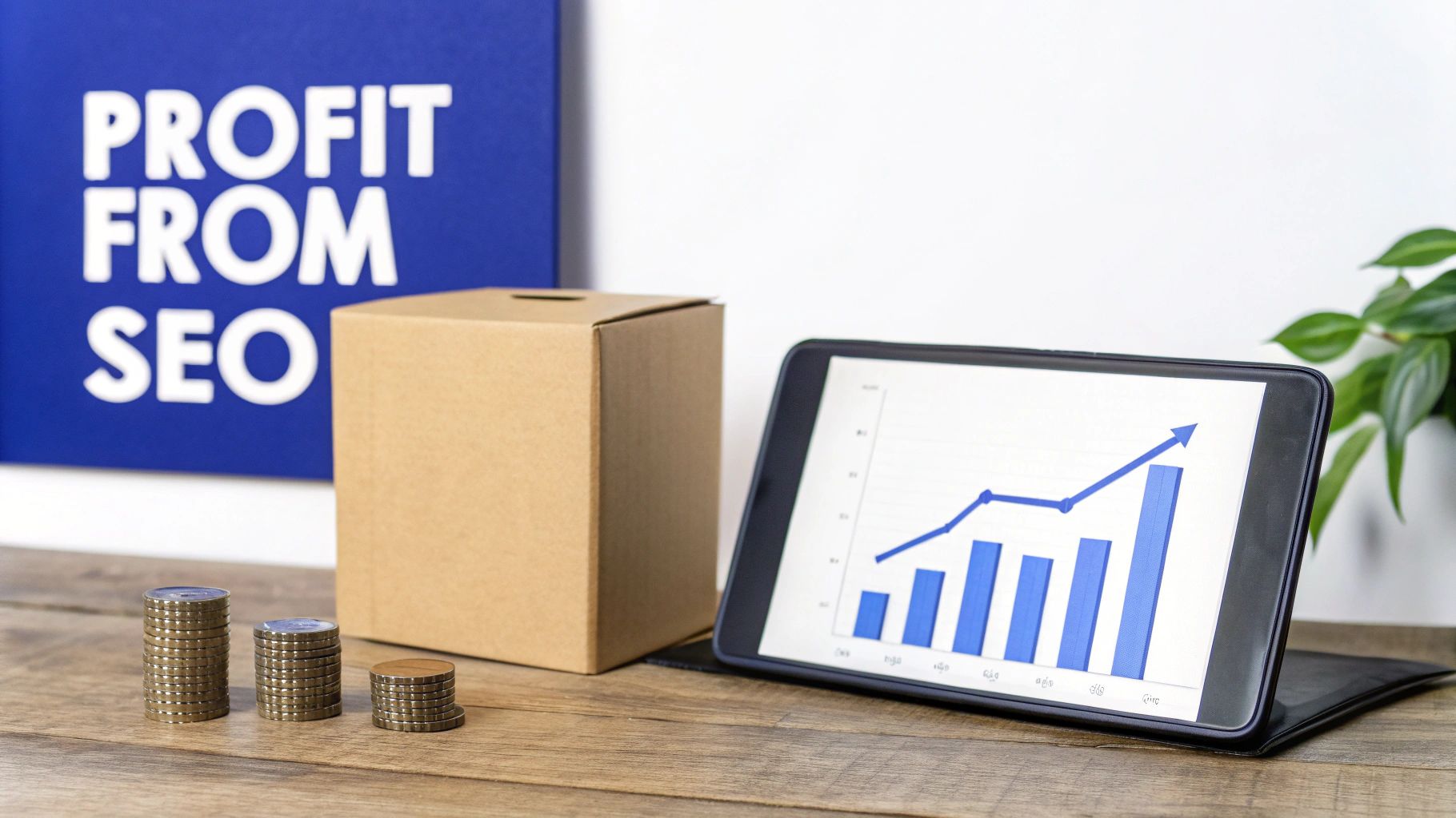 Amazon SEO Tools: 10 Platforms Driving Profit for 7–8 Figure Brands 18 A tablet with a rising graph, money stacks, and a 'PROFIT FROM SEO' sign, symbolizing financial growth from SEO.