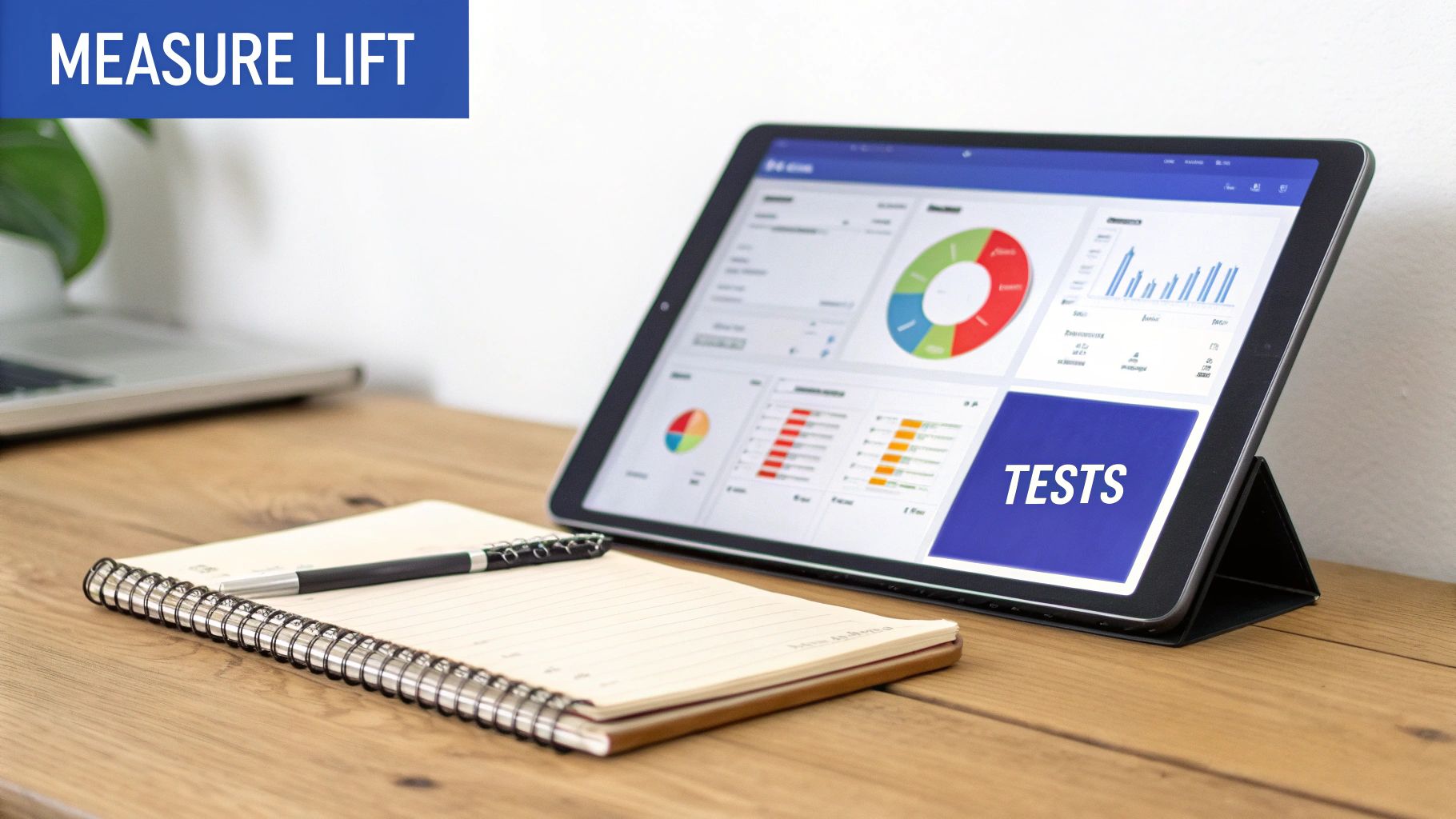 A tablet displaying business analytics charts and graphs, with a notebook and pen on a wooden desk, emphasizing measurement and testing.