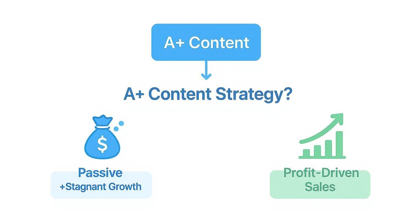 Amazon A+ Content Strategy: How to Turn Listings into Conversion Engines 16 Diagram illustrating outcomes of an A+ Content Strategy: passive and stagnant growth vs. profit-driven sales.