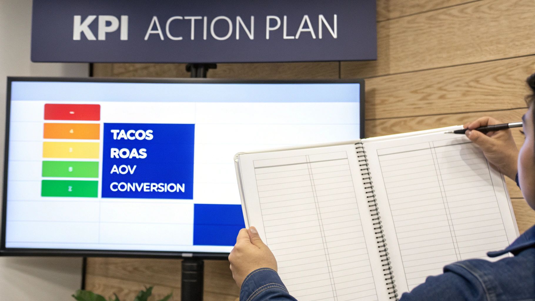 Business professional reviewing KPI action plan showing TACOS, ROAS, AOV, and conversion metrics on monitor