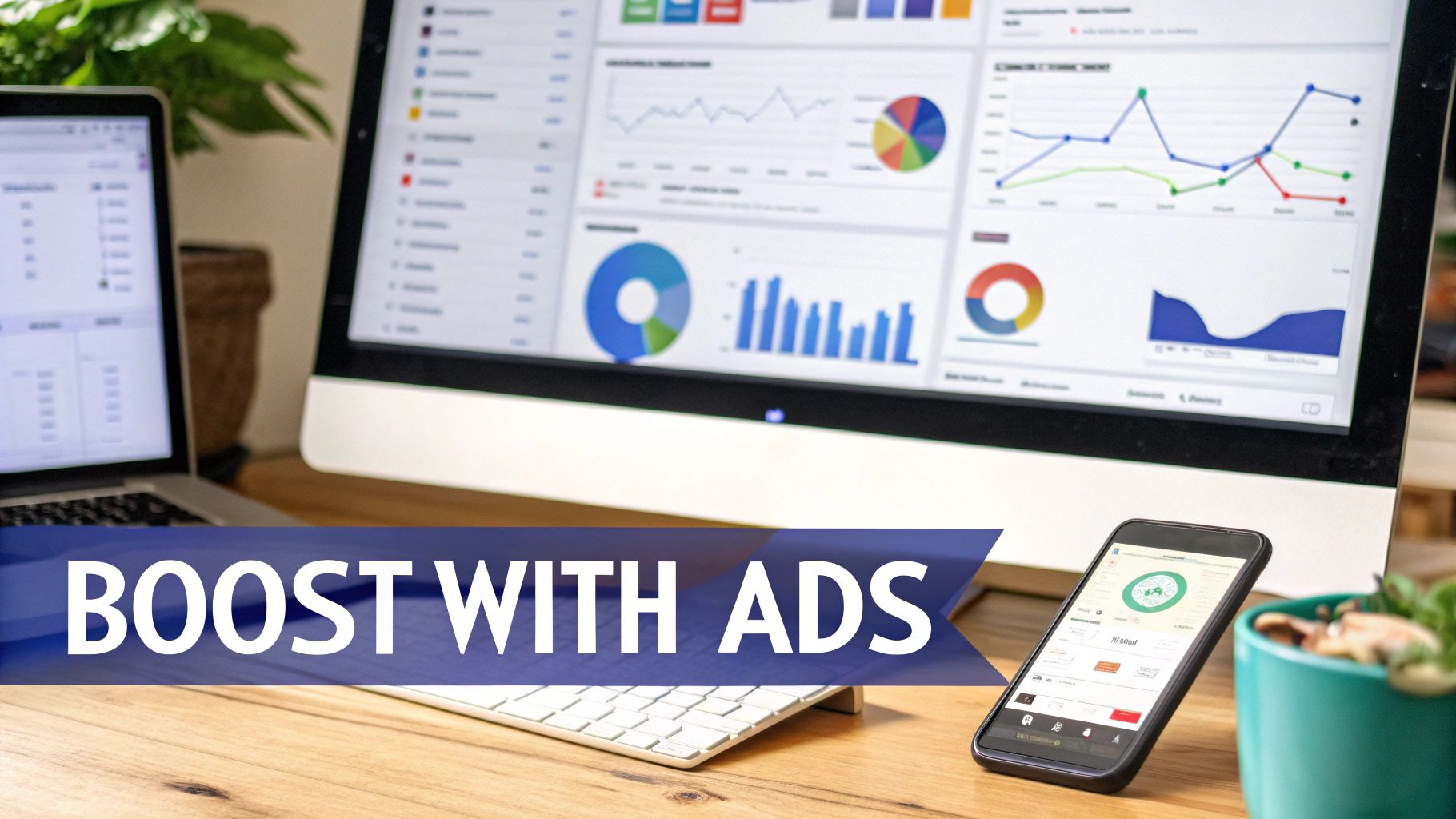 Desk setup featuring a laptop, monitor displaying marketing data analytics, a smartphone, and a 'BOOST WITH ADS' banner.