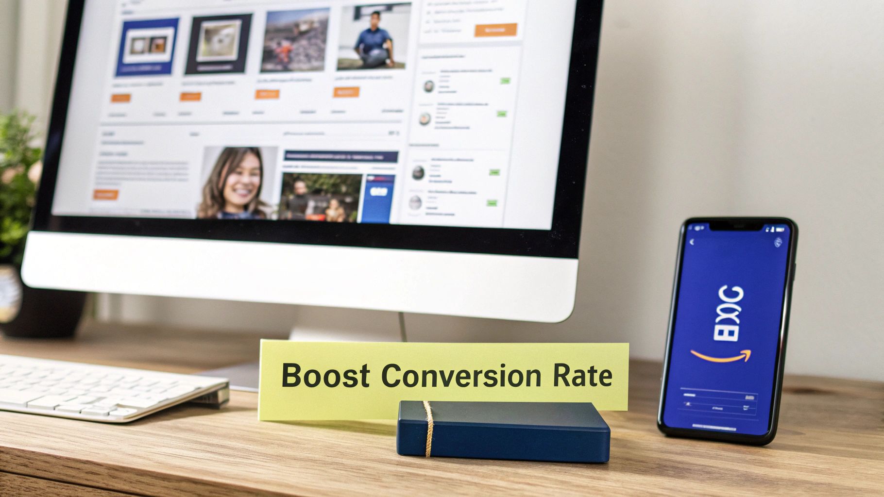 Desktop computer and smartphone displaying e-commerce conversion rate optimization tools and analytics dashboard