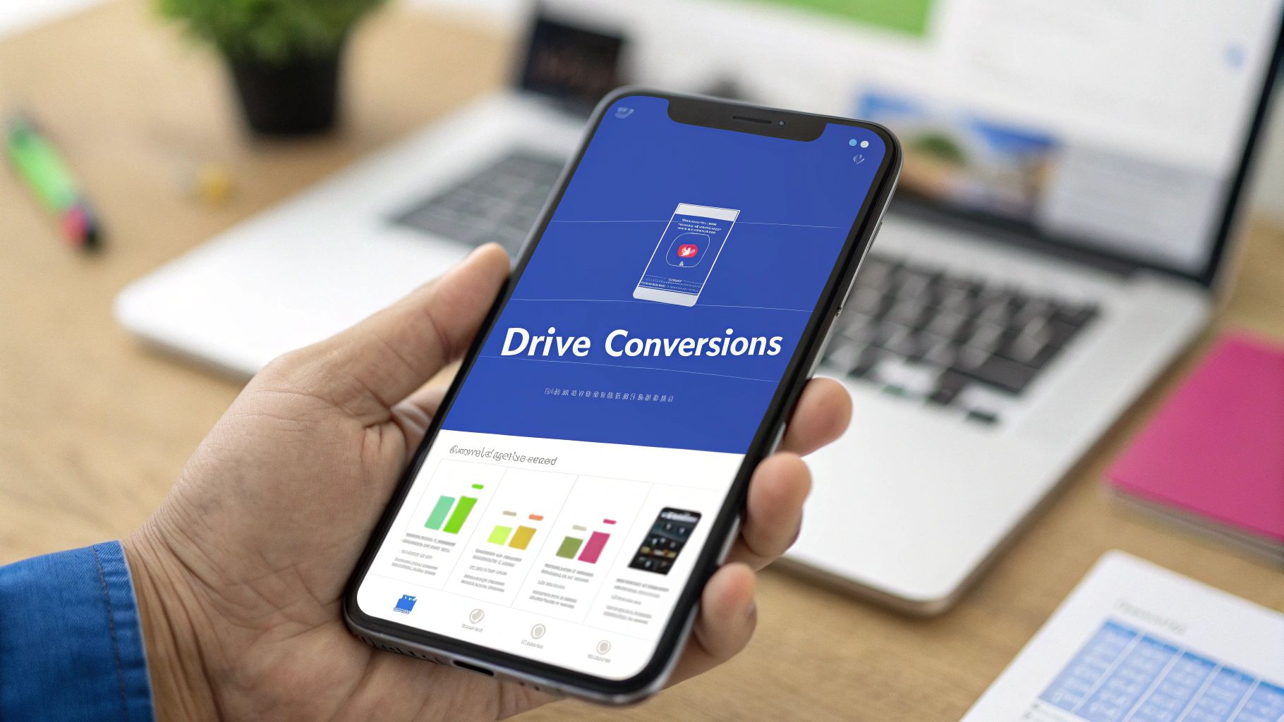 Amazon A+ Content Strategy: How to Turn Listings into Conversion Engines 17 A hand holds a smartphone displaying an app with 'Drive Conversions' text and colorful bar charts on a desk.