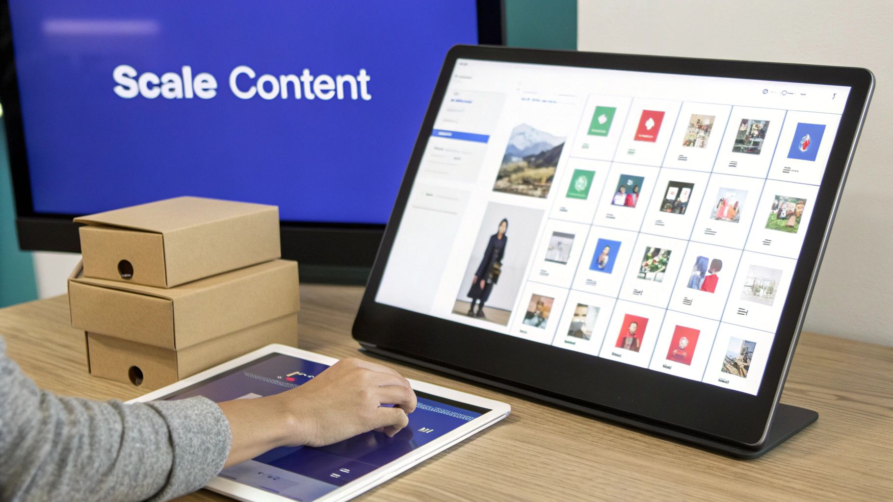 Amazon A+ Content Strategy: How to Turn Listings into Conversion Engines 18 Person's hand interacts with a tablet on a desk with a large screen displaying 'Scale Content' and a grid of images.