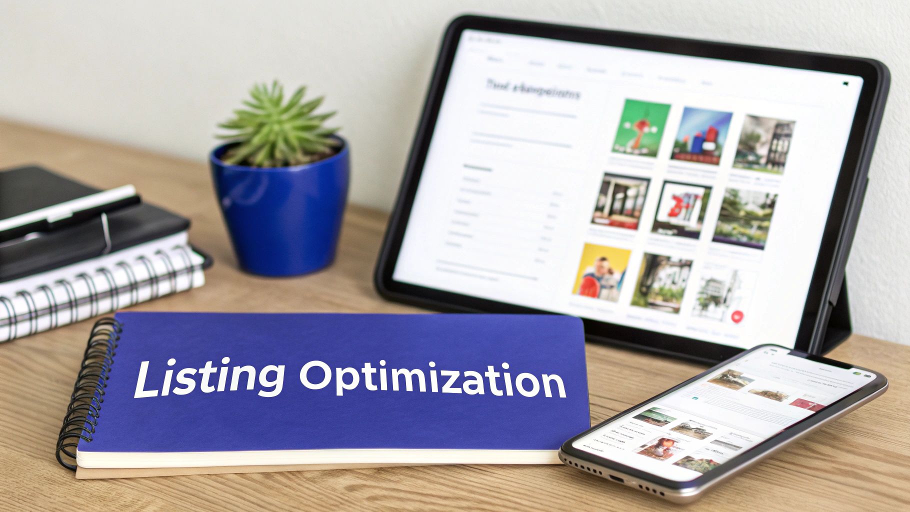 A 'Listing Optimization' notebook on a desk with a tablet and smartphone displaying various online listings.