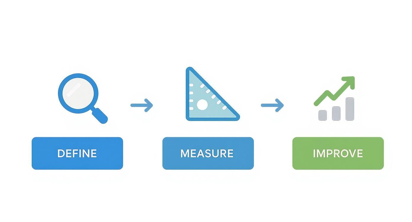 A visual three-step process showing 'Define' with a magnifying glass, 'Measure' with a ruler, and 'Improve' with a growth chart.