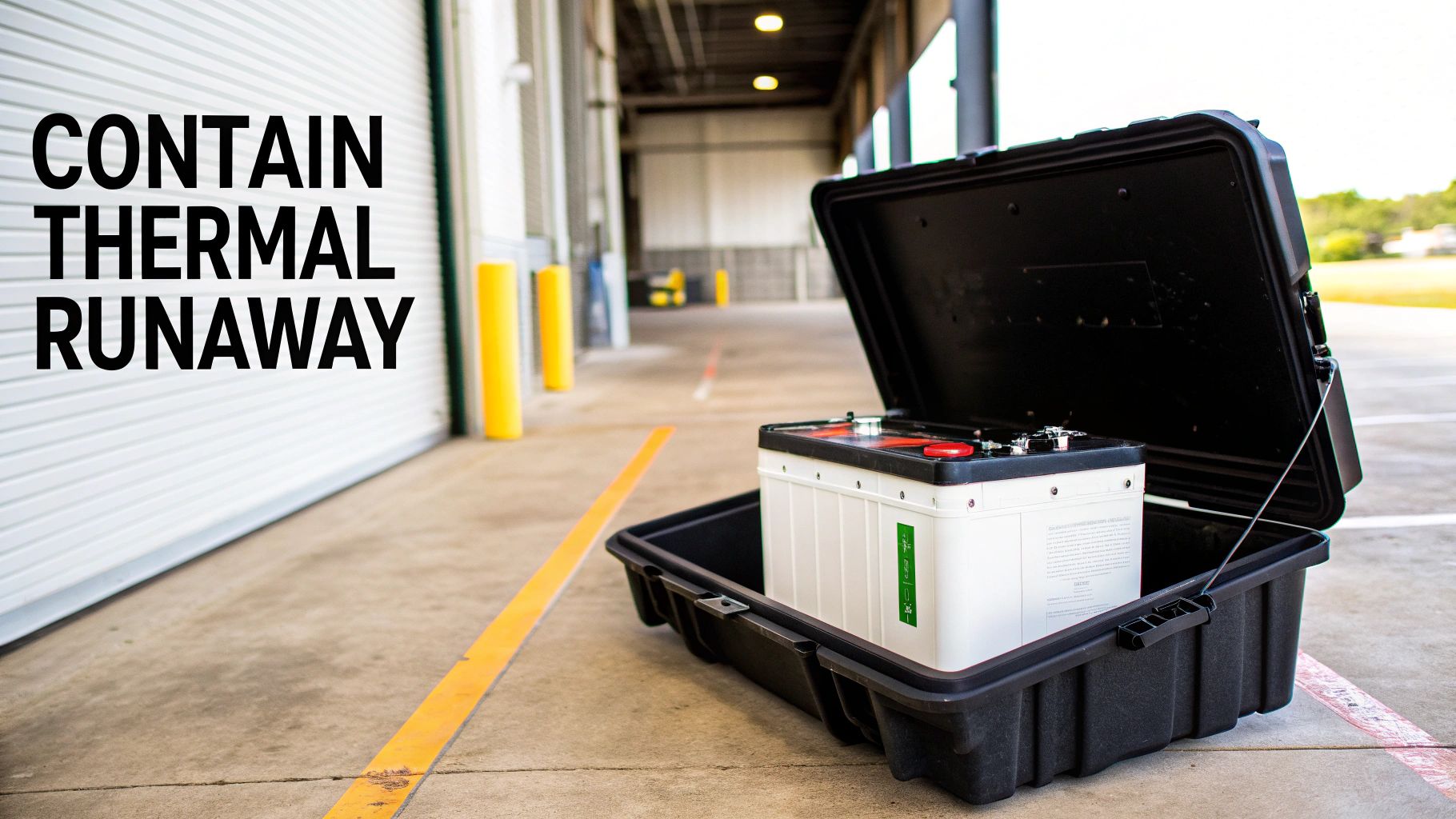 A white lithium battery inside an open black containment container on a concrete floor, stating 'CONTAIN THERMAL RUNAWAY'.