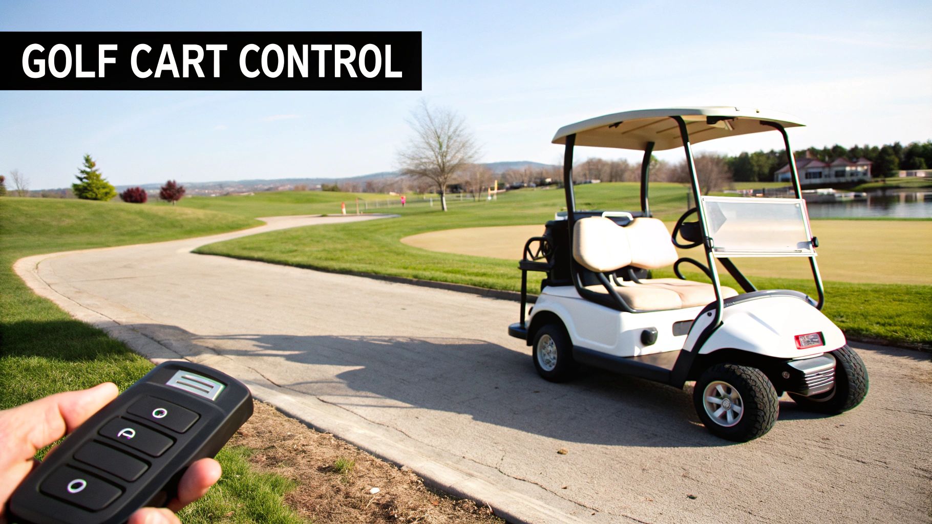 A person holding a golf remote control with a golf course in the background