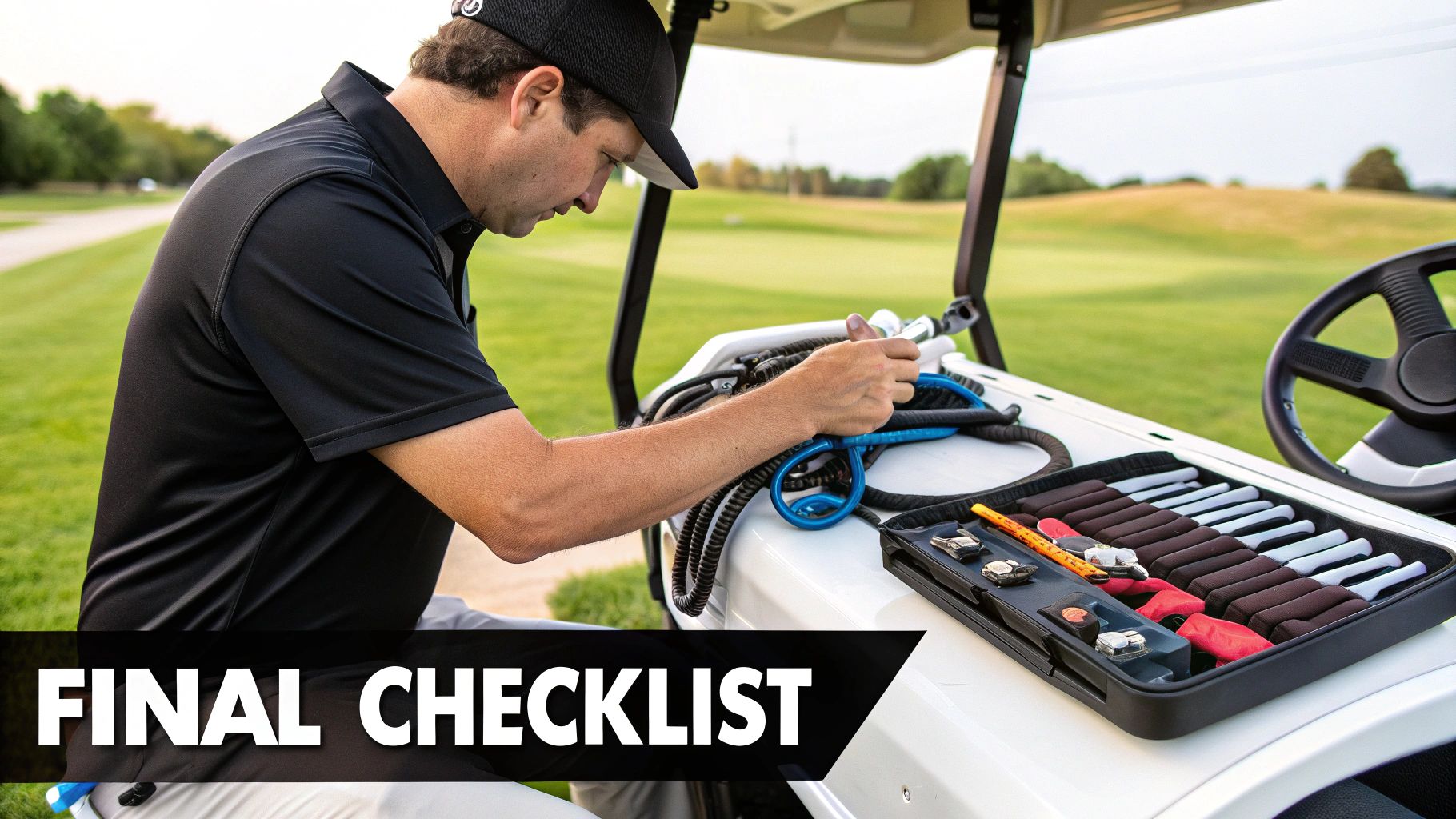 A man in a black shirt inspects tools and cables on a golf cart as part of a final checklist.