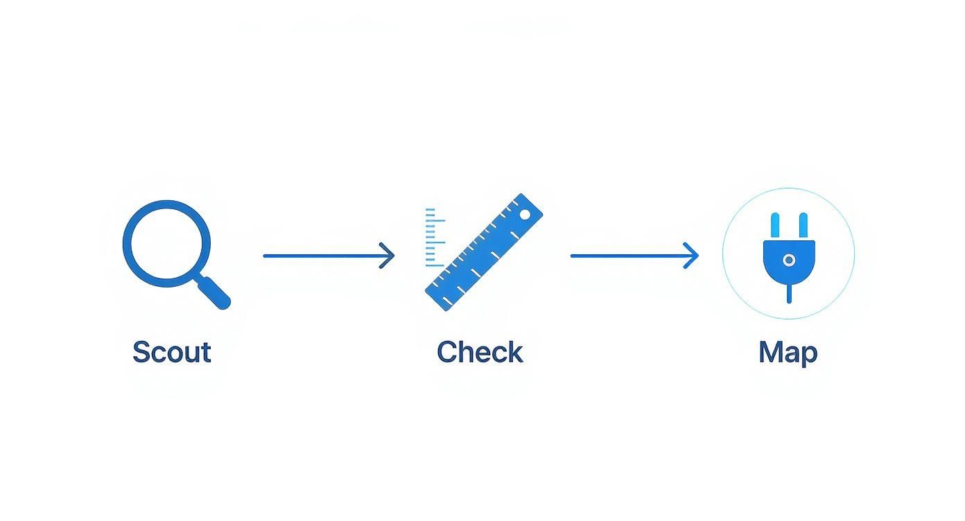 Three-step process diagram showing scout, check, and map stages with magnifying glass, ruler, and plug icons