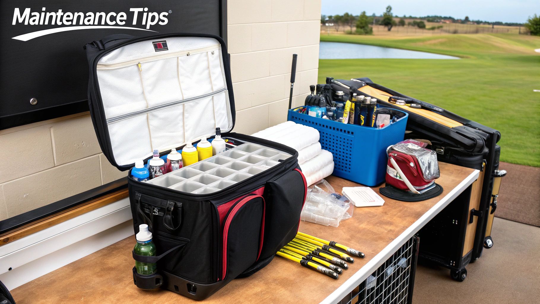 A person cleaning the inside of a golf bag's cooler pocket with a cloth.
