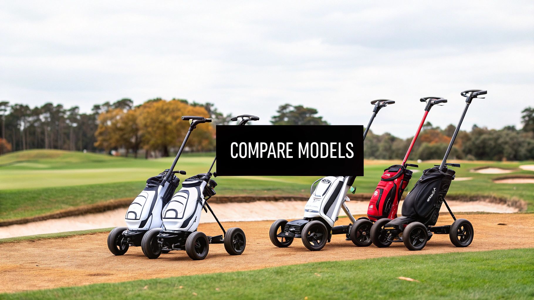 A stylish electric golf caddy with a remote control resting on a green fairway.