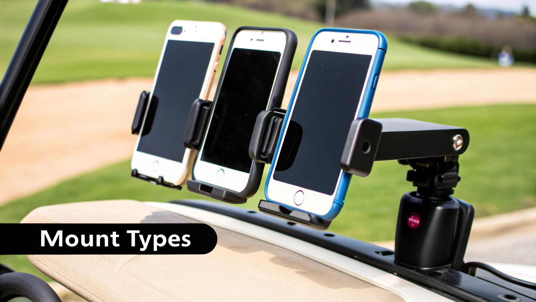A golf cart mobile phone holder is clamped onto the vertical support bar of a golf cart.