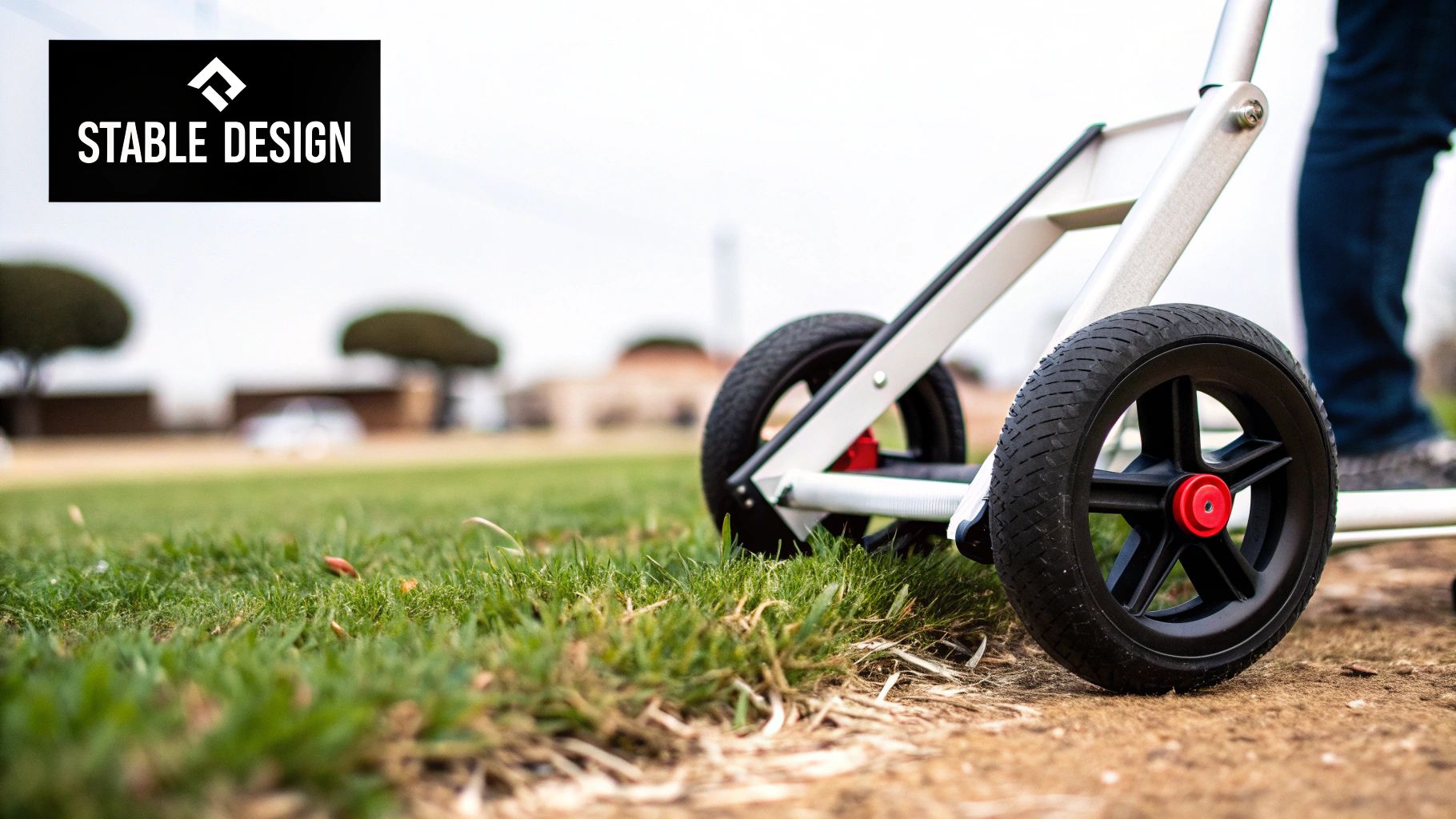 Close-up of a three-wheeled cart on a grassy path with a person's leg in the background.