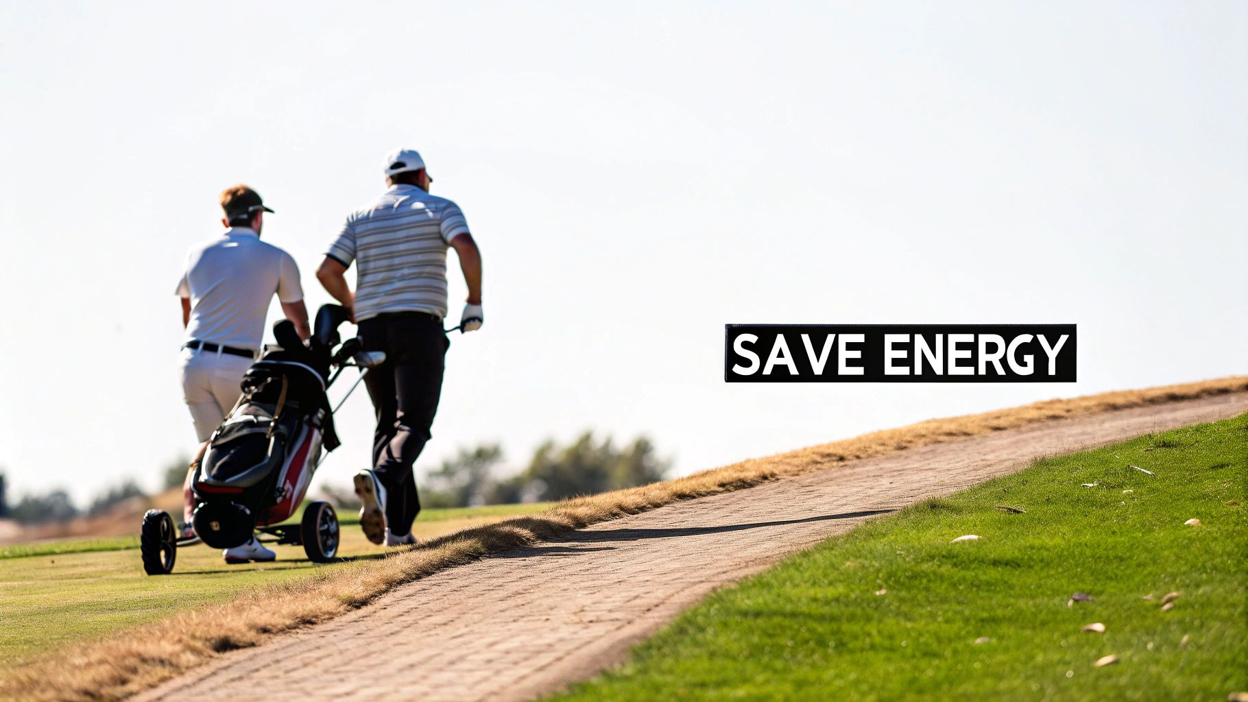 A golf electric cart caddy moving smoothly on a green golf course fairway