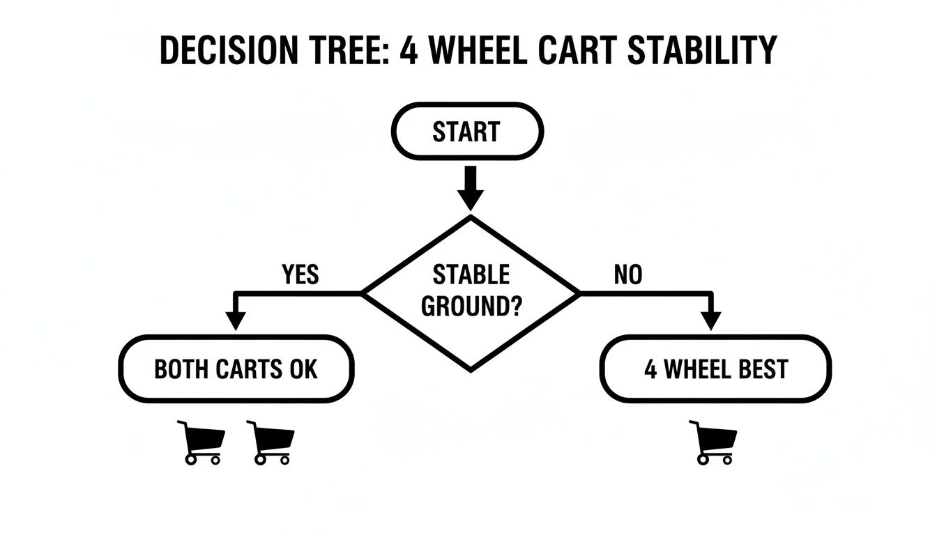 A decision tree diagram illustrating the stability of 4-wheel carts on different ground types.