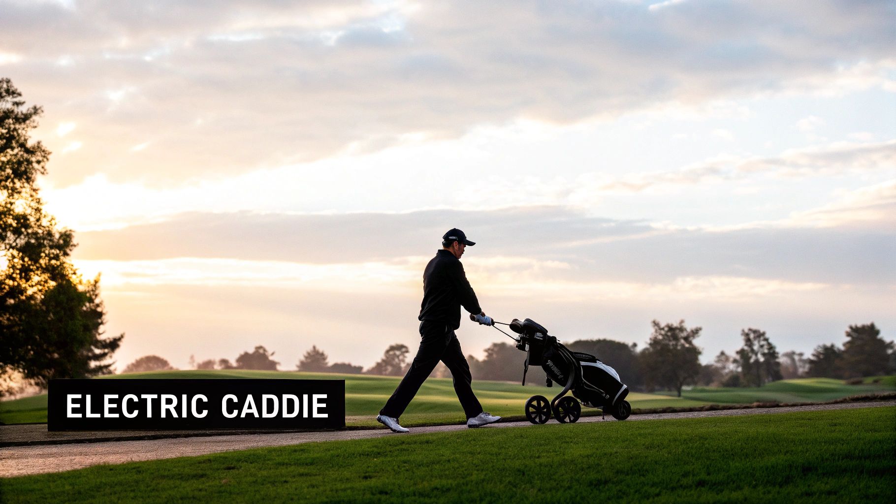 A golfer pushes an electric caddie with a golf bag on a path at a beautiful golf course.
