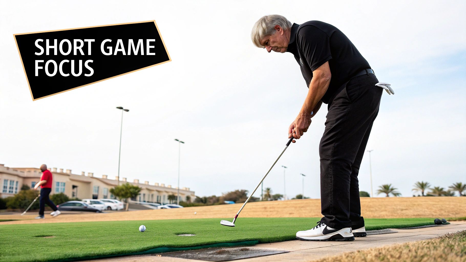 An older man in black golf attire practices putting on a green, focusing on his short game.