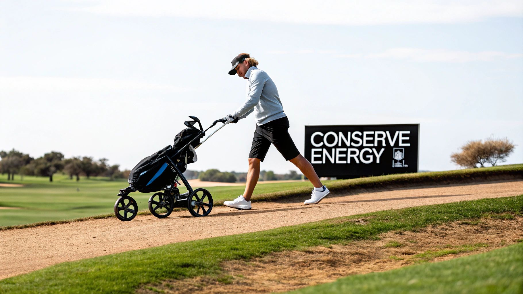 A golfer pushes a black lightweight golf push cart on a sunny golf course path.