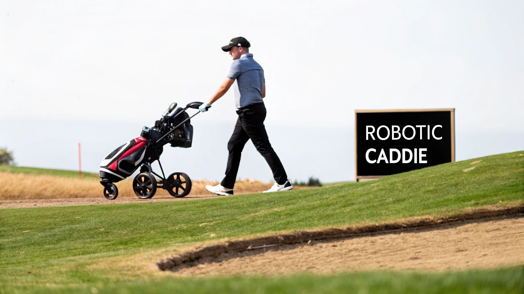 A golfer using an electric golf cart bag system to walk a green fairway.