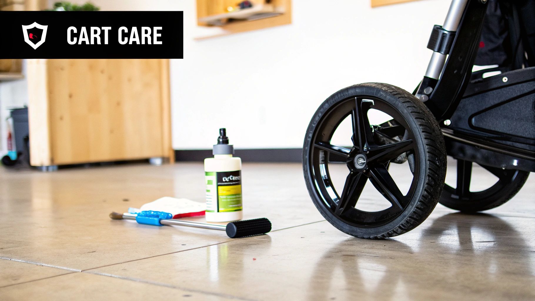 A close-up of a black cart wheel on a tiled floor with cleaning supplies for maintenance.